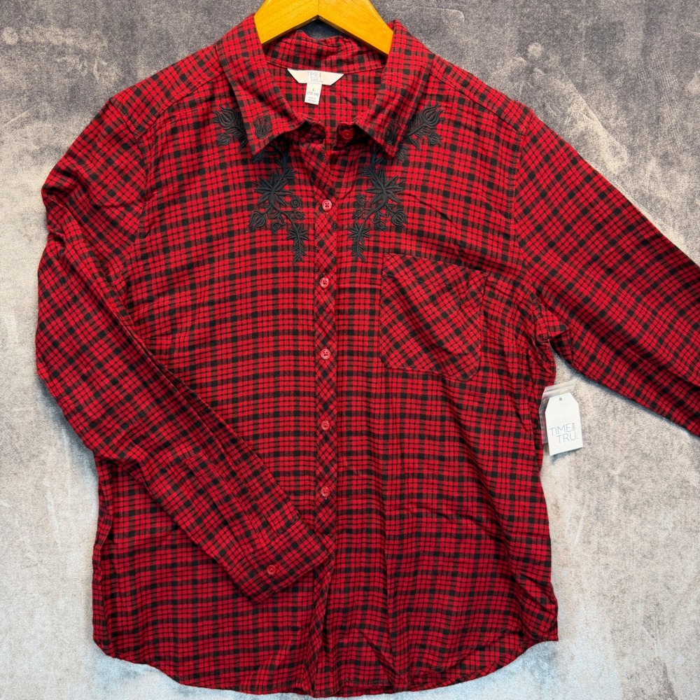 Time and Tru Plaid Shirt Womens L 12-14 Red Mark Black Soot Floral Grunge